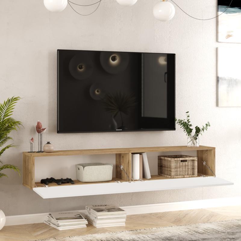 Moderný TV stolík FRAA V 180 cm, MDF, prírodný, biely