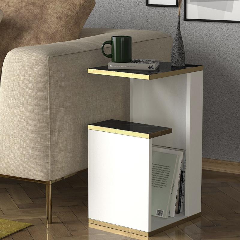 Dizajnový bočný stolík RAVENNA 60 cm, biely, mramorový vzhľad