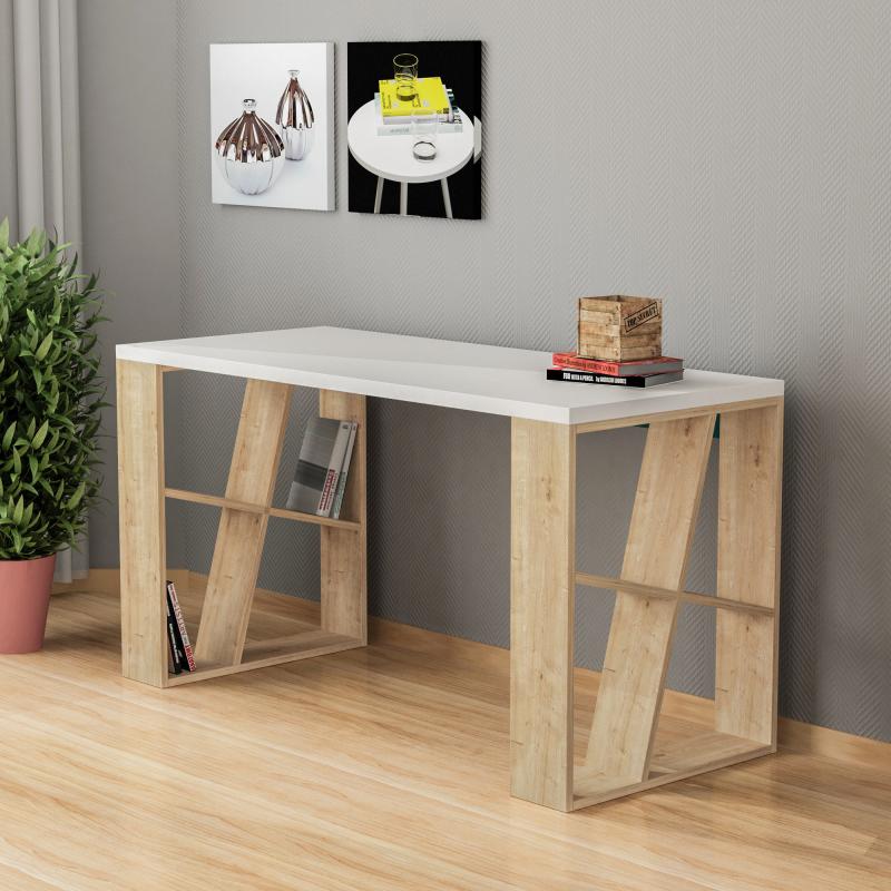 Elegantný pracovný stôl HONEY 140 cm, MDF, dubová dýha, biely