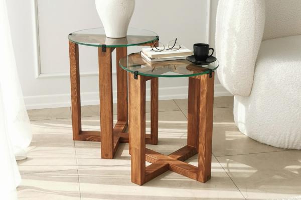 Dizajnový odkladací stolík AMALFI 40 cm, tvrdené sklo, orech, prírodný