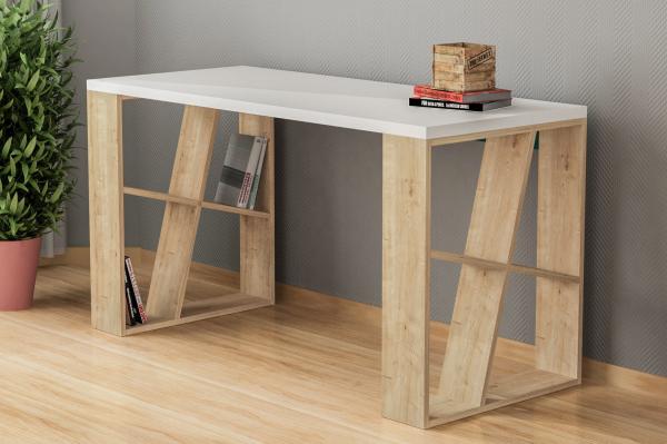 Elegantný pracovný stôl HONEY 140 cm, MDF, dubová dýha, biely
