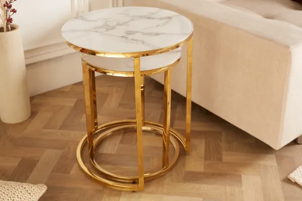Dizajnová sada 2 príručných stolíkov ELEGANCE 50 cm, mramorový dekor, zlatý