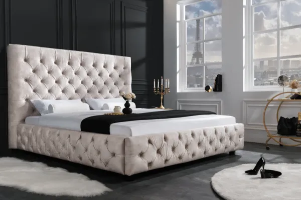 Elegantná manželská posteľ PARIS 160x200 cm šampanský zamat v prevedení Chesterfield