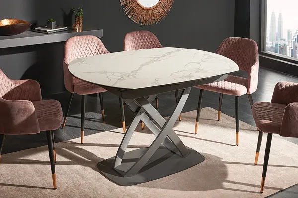 Jedálenský stôl INCEPTION 130-190 cm biely mramorový efekt, keramika - rozťahovací, otočný