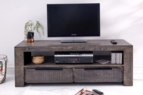 Masívny TV stolík IRON CRAFT 130 cm mangové drevo, šedý